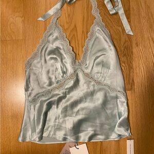 Reformation sea glass silk halter blouse Lace Trim Camisole